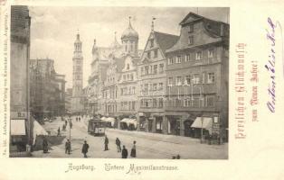 Augsburg, Untere Maximilianstrasse / street, tram, shop of Krempel & Hauff (EK)