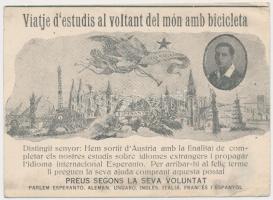 cca 1900 Kerékpáros világ körüli tanulmányút az eszperantó nyelv népszerűsítése céljából,( Viatje d'estudis al voltant del món amb bicicleta), nyomtatvány, 9x13cm
