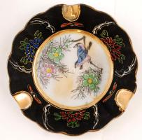 Kínai madármotívumos festett  porcelán tálka, kézzel festett, jelzett, d: 10,5 cm