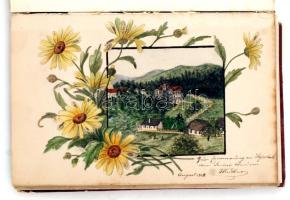 cca 1900-10 Korabeli emlékkönyv, színes illusztrációkkal, bejegyzésekkel, viseltes vászon borítóban, 19x12cm