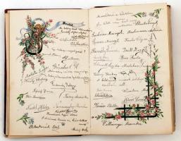 cca 1900-10 Korabeli emlékkönyv, színes illusztrációkkal, bejegyzésekkel, viseltes vászon borítóban,...