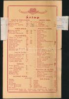 cca 1900 Bp. VI., Az Opera kávéház árlapja, italok, sajtok, esti menü és a reggeli áraival