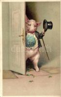 New Year, gentleman pig, Emb. litho (EK)