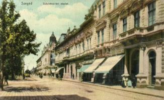 Szeged, Széchenyi tér, Lányi János cukrászat, Weber Mátyás üzlete, gyógyszertár, villamos (r)