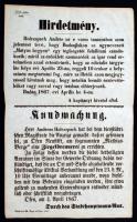 1867 Buda, A kapitányi hivatal által kiadott magyar és német nyelvű hirdetmény Budaújlakon tervezett téglaégető felállításáról