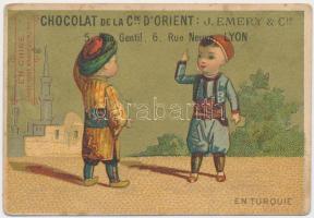 cca 1884 Chocolat de la D'Orient korabeli litho naptárkártya, 9x6,5cm