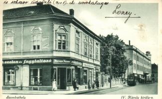 Szombathely, IV. Károly király utca, villamos, Iparosok bútorcsarnoka, fodrász, Macoun Ferenc Cukrászda
