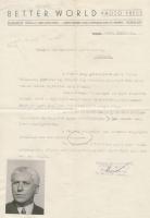 1945 Bp., A Better World Photo Press által Budapest építőmesterek ipartestületének küldött levele Bajcsy-Zsilinszky Endréről életének utolsó évében készült fotójának ügyében
