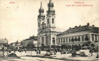 Arad, Thököly tér, Görög keleti román templom, piac / square, church, market