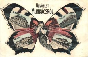Munkács, Kir. Járásbíróság, vár, vasútállomás, Városi színház / court, castle, railway station, theatre, butterfly lady (vágott / cut)