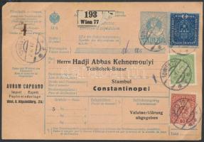 Csomagszállító 2,85K bérmentesítéssel Bécsből Konstantinápolyba, Parcel card 2,85K franking from Vienna to Constantinople