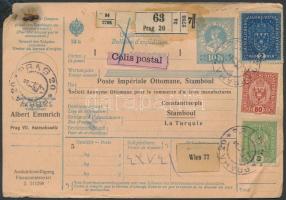 Csomagszállító 2,85K bérmentesítéssel Prágából Konstantinápolyba, Parcel card 2,85K franking from Prague to Istanbul