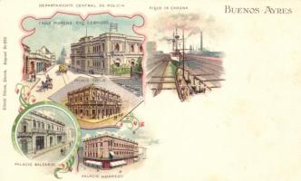 Buenos Aires, Departamento Central de Policia, Dique de Carena, Palacio Balcarce, Morrego, Crespo, Calle Morens esq zeballos / police department, palaces, dam, street, floral, Art Nouveau, litho