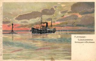 Balaton, napnyugta, Baross gőzös, Ottmar Zieher Künstlerpostkarte No. 2820. litho s: Raoul Frank (fa)