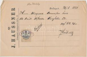 1881 Bp., J. Haussner fejléces számlája, 5 kr okmánybélyeggel