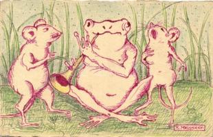 Frog with clarinet, singing mice, hand-drawn art postcard s: K. Meissner