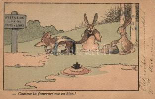 Comme la fourrure me va bien! / Wolf in trap, rabbits, humour, artist signed (EK)