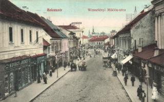 Kolozsvár, Wesselényi Miklós utca, Kovács József, ifj. Buzetzko Domokos és Baumzweig üzlete, Pannónia szálloda; kiadja Lepage Lajos / street, shops, hotel (EK)