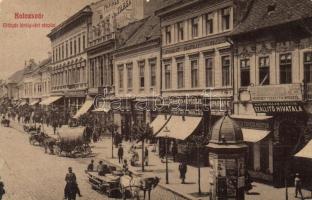 Kolozsvár, Mátyás király tér, Iparbank Rt., Feichtinger J. vegyészeti tisztító intézete, Magy. Kir. Államvasutak szállító hivatala, Püspöky Miklós harisnya kötödéje, Stief és Társa papírosáruház, Rácz János, Reményik L. és fiai és Telcser testvérek üzlete, Mozgófénykép színház / square, bank, shops, cinema (EB)