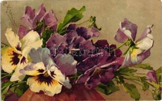 10 db C. Klein szignós virágos művészi akvarell képeslap / 10 floral art postcards signed C. Klein