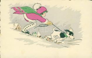 'Dog sleigh' hand-colored art postcard