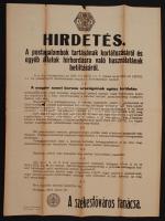 1914 A székesfőváros tanácsa által kiadott hirdetés a postagalambok tartásának korlátozásáról és egyéb állatok hírhordásra való használatának betiltásáról, több helyen szakadt, 47x63 cm