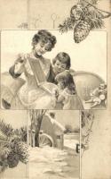 Mother with children, pine cones, winter, doll, litho (non PC)