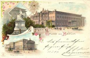 1899 Berlin, Palais Kaiser Wilhelm I, Denkmal Kaiserin Augusta, Königl. Opernhaus / palace, statue, opera house, floral, Art Nouveau, litho (EK)