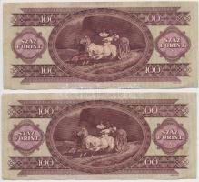 1957. 100Ft (2x) sorszámkövetők, nyomdai papírránccal T:II-