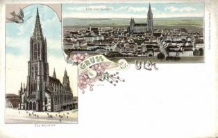 Ulm, Münster / cathedral, floral, bird, litho (EK)