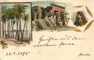 1898 Temple de Kom-Ombo, Palmiers de Gezireh, folklore, litho (EM)