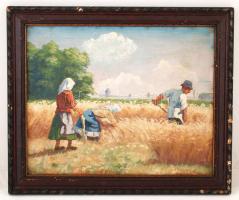 Olvashatatlan jelzéssel: Aratás. Olaj, vászon, festék lepattanásokkal, antik sérül keretben, 38×47 cm