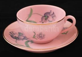 Zsolnay virágmintás rózsaszín porcelán kávés készlet, tejkiöntő nélkül, matricás, hibátlan, jelzett