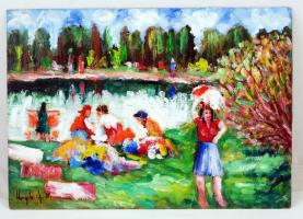 Hargitai jelzéssel: Mosó asszonyok. Olaj, karton, 35×50 cm