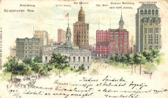 New York City, Newspaper row, city hall, litho (EB)