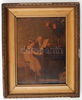 Jelzés nélkül: Lány a zongoránál, olajnyomat aranyozott keretben, 22x16 cm