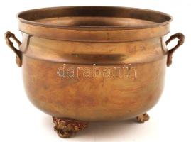 Háromlábú fogantyús réz kaspó, d: 21 cm, m: 15 cm
