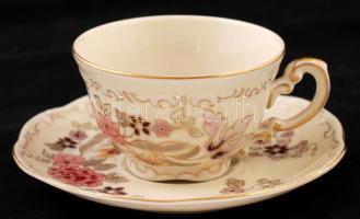 Zsolnay mokkás csésze és alj, kézzel festett, jelzett (Novotel), hibátlan