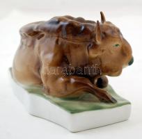 Zsolnay fekvő bölény, kézzel festett, hibátlan, jelzett, m: 14,5 cm, h: 16 cm
