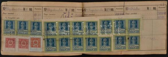 1922-1927 Forgalmi adó könyv (borító és címlap hiányzik) kb 800 db forgalmi adó bélyeggel