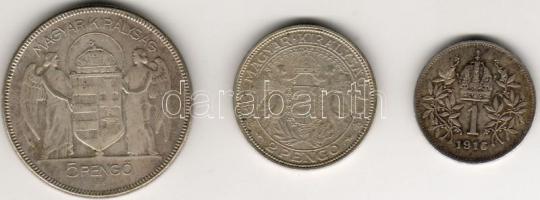 1930. "Horthy jobbra" 5P Ag T:2/3 + 1938. 2P Ag "Madonnás" T:2 + Ausztria 1916. 1K Ag T:2-