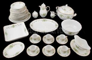 Hollóházi Erika mintás étkészlet és kávéskészlet, matricás, jelzett, hibátlan, étkészlet: 25 db, mokkás: 9 db