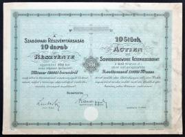 Budapest DN "A Szabóipari Részvénytársaság" 10db részvénye egyenként 200K-ról, kitöltetlen, szelvényekkel és szárazpecséttel T:II,II-