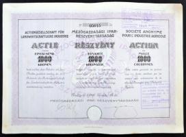Budapest 1922. "Mezőgazdasági Ipar-Részvénytársaság" részvénye 1000K-ről szelvényekkel, bélyegzésekkel és szárazpecséttel T:II-