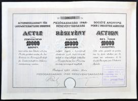 Budapest 1923. "Mezőgazdasági Ipar-Részvénytársaság" részvénye 10.000K-ről szelvényekkel, bélyegzéssel és szárazpecséttel T:II