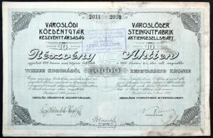 Budapest 1920. "Városlődi Kőedénygyár Részvénytársaság" 10db részvénye, egyenként 1000K-ról, szelvényekkel, bélyegzéssel és szárazpecséttel T:II,II-
