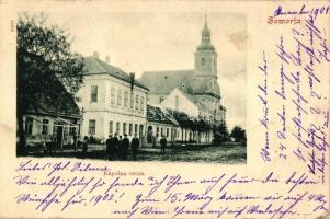 Somorja, Samorin; Kápolna utca, Polgári fiú- és leány tanoda / street, church, school (EK)