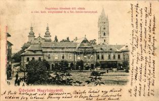 Nagybánya, Fő tér, Római katolikus templom, Szent István torony, gyógyszertár, Hanzulovics K., Weinerberger és Glavitzky, Pusztay és Blau és Klein üzlete, Kovács Gyula kiadása / main square, church, tower, shops (Rb)