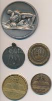 5db magyar sportérem, közte 1948. "Kiskőrösi Barátság S.E. - Jubileumi Sportév Megnyitása 1848-1949" fém érem zománcozott címerrel, "LUDVIG BP" gyártói jelzéssel, füllel (36mm), DN "Középfokú Iskolák Sportköreinek Országos Szövetsége - Versenydíja" Br sportérem (36mm) T:2,2-