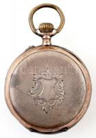 Ezüst fedelű zsebóra, díszes hátlappal, jelzett, működik, szakadozott bőr tokban